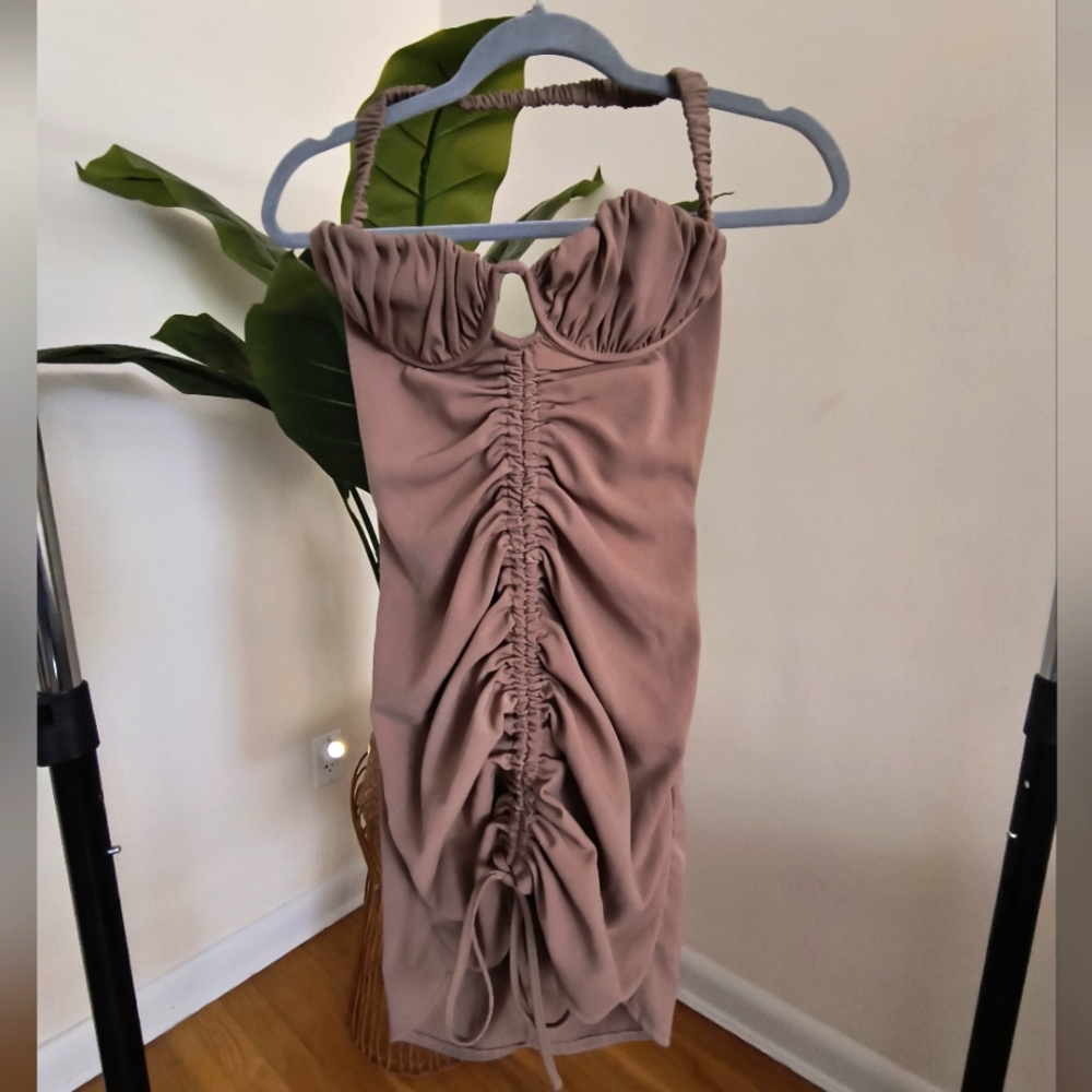 PrettyLittle Thing Brown Corset Ruched Halter Mini dress Size 6
